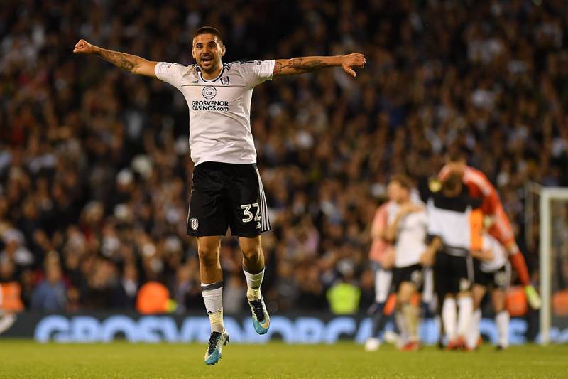 LONDON, ENGLAND - MAY 14:  Aleksandar Mitrovic of Fulham celebrates at the final whistle during the Sky Bet Championship Play Off Semi Final, second leg match between Fulham and Derby County at Craven Cottage on May 14, 2018 in London, England.  (Photo by Mike Hewitt/Getty Images)