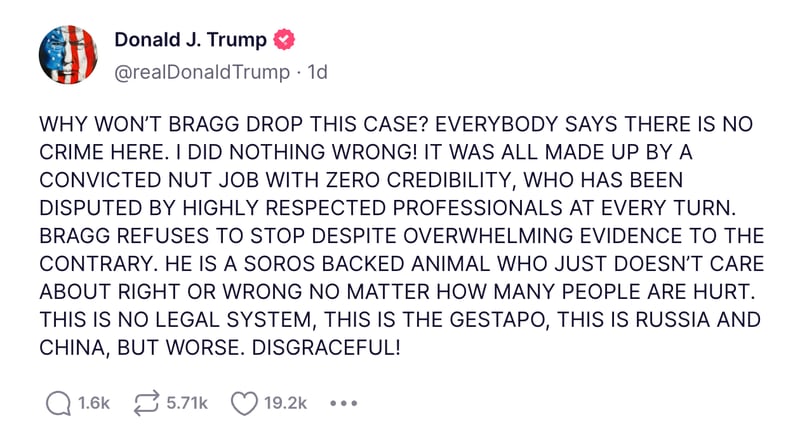 Former president Donald Trump calls the Manhattan district attorney an 'animal' on Truth Social. Photo: Screengrab of Truth Social