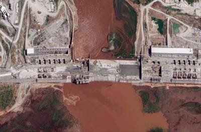 A satellite image of the Grand Ethiopian Renaissance Dam on the Blue Nile river in the Benishangul-Gumuz region of Ethiopia. Maxar Technologies via AP