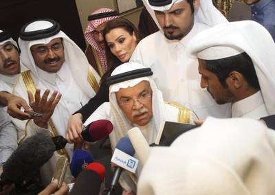 Saudi Arabia's Oil Minister Ali al-Naimi (centre) speaks to the media following a meeting with Qatar's Energy Minister Mohammad bin Saleh al-Sada, Russia's Energy Minister Alexander Novak, and Venezuela's Oil Minister Eulogio del Pino in Doha, Qatar. Naseem Zeitoon / Reuters