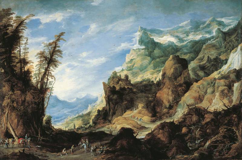 Joos de Momper’s Large Mountain Landscape, painted c. 1620, emphasises the power of nature over man — the human figures are here literally dwarfed by the Alps that de Momper paints. Courtesy Princely Collections of Liechtenstein      