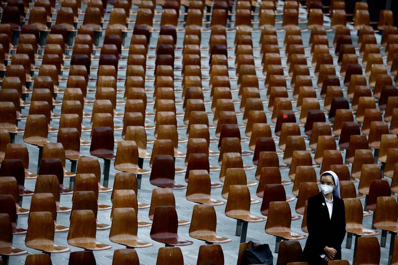 Empty seats as Pope Francis attends an audience with pilgrims who came to Rome for the canonisation of St  Giovanni Battista Scalabrini, in the Pope Paul VI hall at the Vatican. Reuters