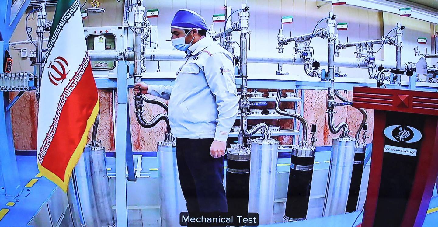 A handout picture provided by the Iranian presidential office on April 10, 2021, shows a grab of a videoconference screen of an enginere inside Iran's Natanz uranium enrichment plant, shown during a ceremony headed by the country's president on Iran's National Nuclear Technology Day, in the capital Tehran. Iran announced today it has started up advanced uranium enrichment centrifuges in a breach of its undertakings under a troubled 2015 nuclear deal, days after talks on rescuing it got underway.
President Hassan Rouhani officially inaugurated the cascades of 164 IR-6 centrifuges and 30 IR-5 devices at Iran's Natanz uranium enrichment plant in a ceremony broadcast by state television.
 - === RESTRICTED TO EDITORIAL USE - MANDATORY CREDIT "AFP PHOTO / HO / IRANIAN PRESIDENCY" - NO MARKETING NO ADVERTISING CAMPAIGNS - DISTRIBUTED AS A SERVICE TO CLIENTS ===
 / AFP / Iranian Presidency / - / === RESTRICTED TO EDITORIAL USE - MANDATORY CREDIT "AFP PHOTO / HO / IRANIAN PRESIDENCY" - NO MARKETING NO ADVERTISING CAMPAIGNS - DISTRIBUTED AS A SERVICE TO CLIENTS ===
