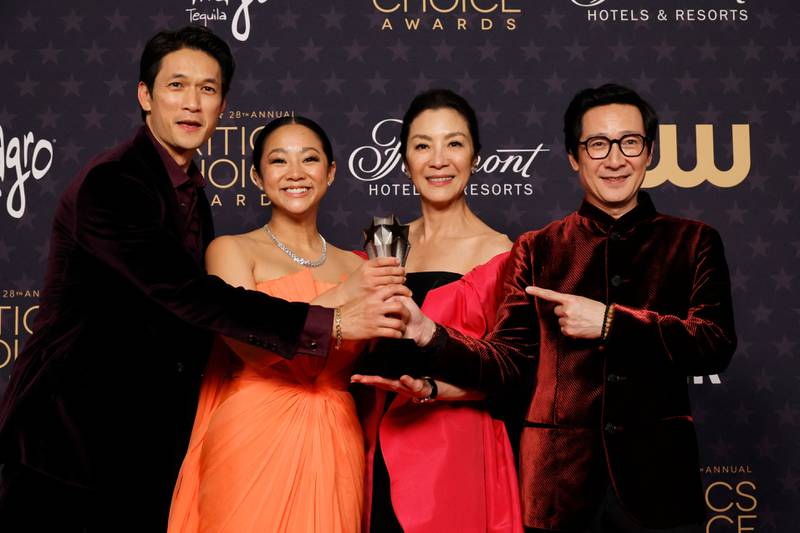 From left, Harry Shum Jr, Stephanie Hsu, Michelle Yeoh and Ke Huy Quan, winners of the Best Picture award for Everything Everywhere All at Once. Getty Images