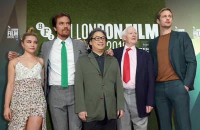 LONDON, ENGLAND - OCTOBER 14:  (L-R) Florence Pugh, Michael Shannon, Park Chan-wook, John le Carre and Alexander Skarsgard attend the World Premiere of "The Little Drummer Girl" at the 62nd BFI London Film Festival on October 14, 2018 in London, England.  (Photo by Tim P. Whitby/Getty Images for BFI)