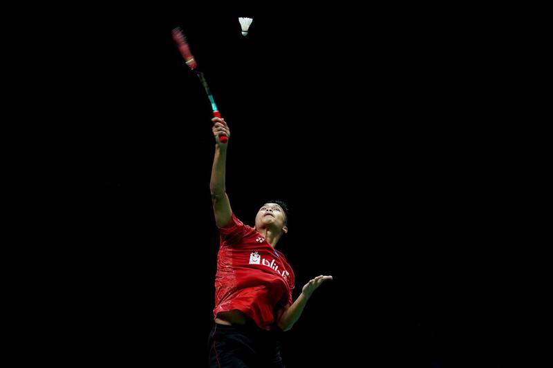 Anthony Sinisuka Ginting of Indonesia hits a shot during the Total BWF World Championships at Nanjing Youth Olympic Games Sport Park in Nanjing, China. Lintao Zhang/Getty Images