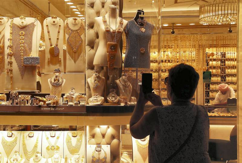 DUBAI ,  UNITED ARAB EMIRATES , AUGUST 21 – 2019 :- Jewellery on display at the jewellery shop at the Gold Souk in Deira Dubai. ( Pawan Singh / The National ) For News. Story by Anna