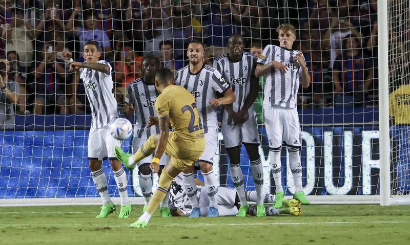 Barcelona forward Raphinha hits a free kick during the second half against Juventus. USA Today