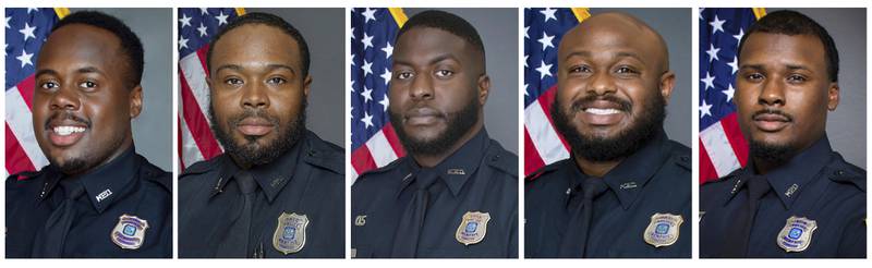 This combo of images provided by the Memphis Police Department shows, from left, officers Tadarrius Bean, Demetrius Haley, Emmitt Martin III, Desmond Mills Jr and Justin Smith. AP