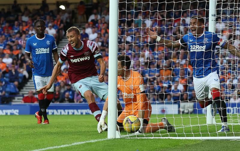 Tomas Soucek scores for West Ham United against Rangers  at Ibrox in Glasgow, on July 19. Getty