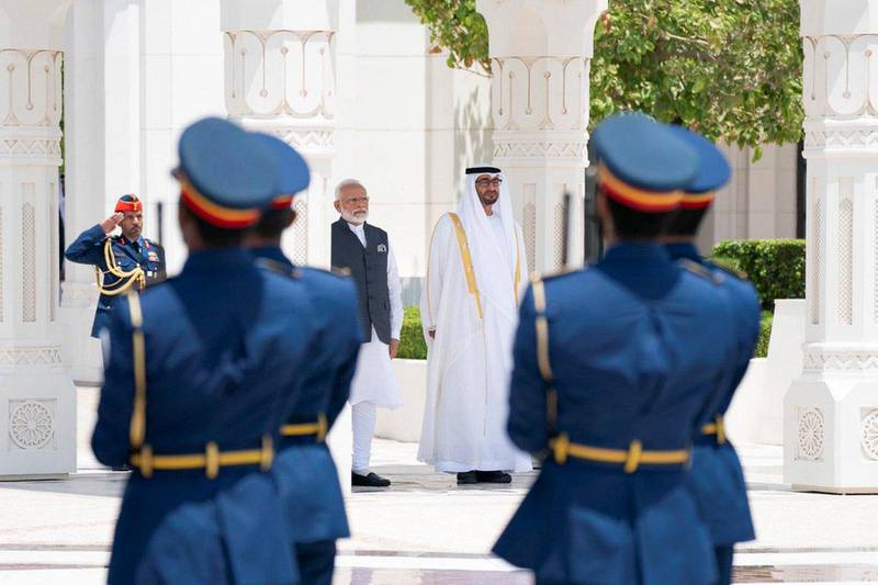 Mohamed bin Zayed receives Indian Prime Minister Narendra Modi at Qasr Al Watan, where he was accorded an official reception. From MBZ's twitter