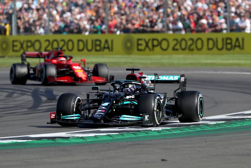 Mercedes' Lewis Hamilton after overtaking Ferrari driver Charles Leclerc to secure victory.