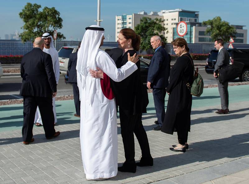 Susan Pompeo greets Yousef Al Otaiba at the NYU Abu Dhabi campus. Reuters