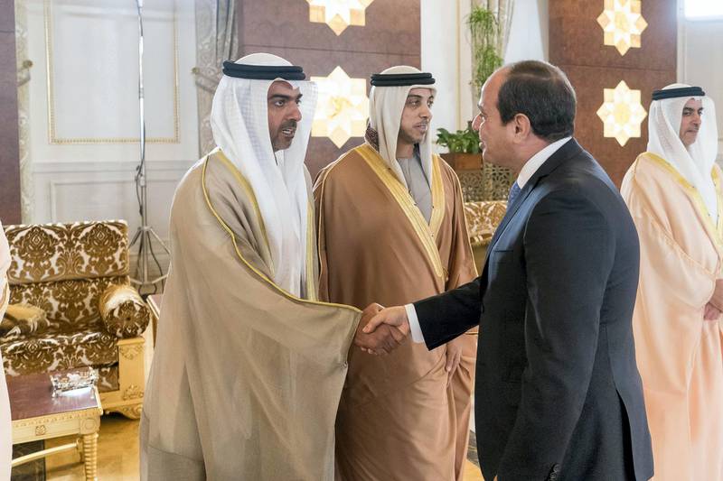 ABU DHABI, UNITED ARAB EMIRATES - February 06, 2018: HH Sheikh Hamed bin Zayed Al Nahyan, Chairman of the Crown Prince Court of Abu Dhabi and Abu Dhabi Executive Council Member (L), greets HE Abdel Fattah El Sisi, President of Egypt (R), during a reception at the Presidential Airport. Seen with HH Sheikh Mansour bin Zayed Al Nahyan, UAE Deputy Prime Minister and Minister of Presidential Affairs (2nd L) and HH Lt General Sheikh Saif bin Zayed Al Nahyan, UAE Deputy Prime Minister and Minister of Interior (back R).

( Rashed Al Mansoori / Crown Prince Court - Abu Dhabi )
---