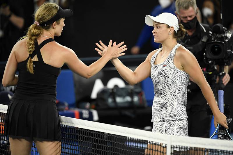 Ash Barty, right, of Australia is congratulated by Danielle Collins of the US after winning the Australian Open title. AP