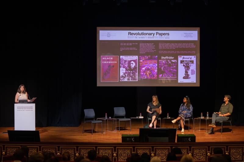 Mahvish Ahmad speaking at the March Meeting panel titled Revisiting the Global 1960s, which also included Zeina Maasri (not pictured), Jelena Vesic, Zoe Whitley and moderator Christopher J Lee. Photo: Sharjah Art Foundation