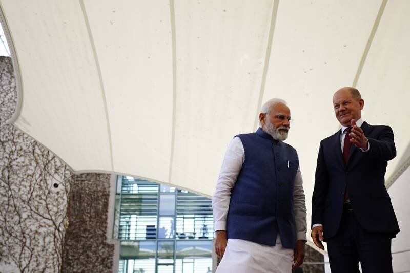Mr Modi's meeting with Mr Scholz comes on the first leg of his three-day trip to Germany, France and Denmark for talks amid the continuing conflict in Ukraine. Getty Images
