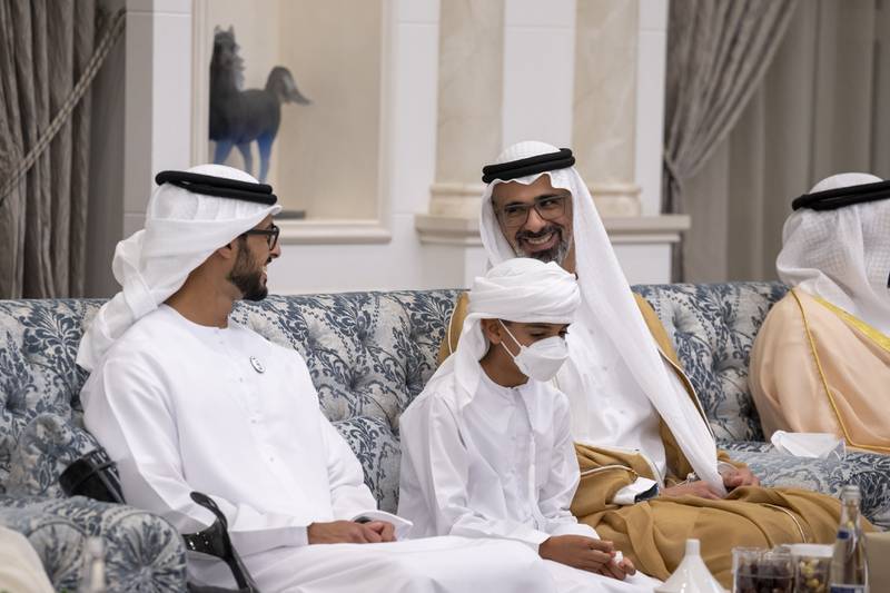 Sheikh Zayed bin Hamdan bin Zayed; Sheikh Mohamed bin Khaled bin Mohamed bin Zayed, and Sheikh Khaled bin Mohamed bin Zayed, Member of Abu Dhabi Executive Council and Chairman of Abu Dhabi Executive Office, attend an Eid Al Adha reception at Mushrif Palace.

