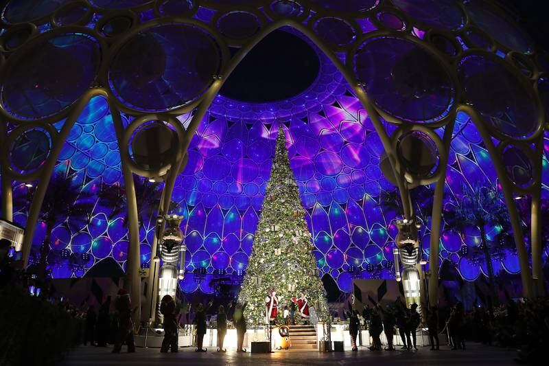 The Expo City Dubai Christmas tree-lighting event in Al Wasl Plaza. Pawan Singh / The National