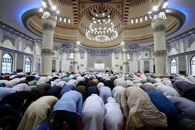 Dubai, United Arab Emirates - August 11, 2019: Early morning Eid prayers take place at Al Farooq Omar Bin Al Khattab Mosque. Sunday the 11th of August 2019. Al Farooq Omar Bin Al Khattab Mosque, Dubai. Chris Whiteoak / The National