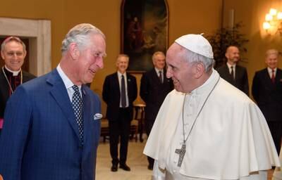 Pope Francis with Prince Charles, Prince of Wales during the British royal's visit to the Vatican in April 2017. Getty Images