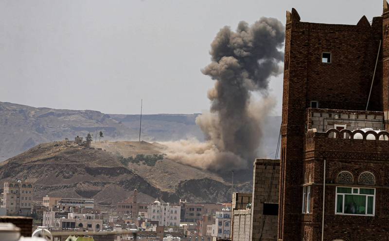 Smoke billows following a reported airstrike near the Yemeni capital Sanaa on July 1, 2020. Reuters