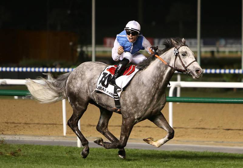 Solow, ridden by Maxime Guyon, shown winning the Dubai Turf at last year's Dubai World Cup. Pawan Singh / The National / March 28, 2015