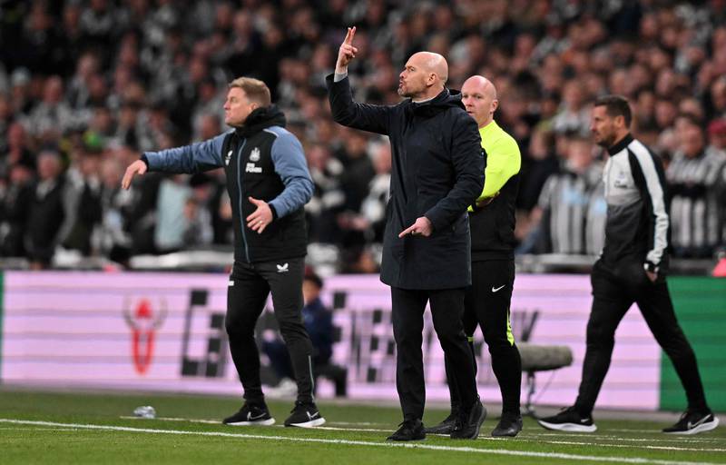 Newcastle United manager Eddie Howe and Manchester United's Erik ten Hag on the touchline. AFP  