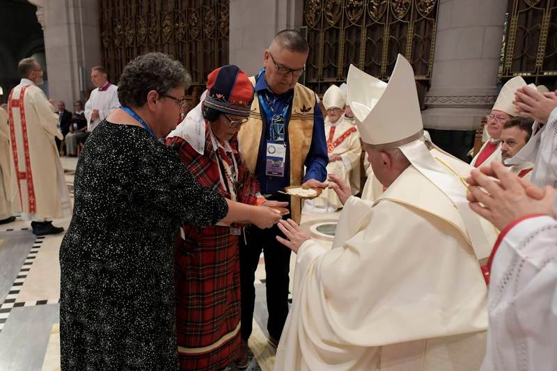 Pope Francis leads a mass at the National Shrine of Sainte-Anne-de-Beaupre near Quebec City, Canada. EPA / Vatican Media Handout 