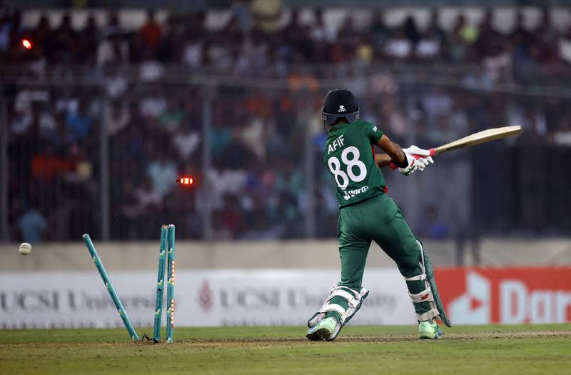 Bangladesh batter Afif Hossain is bowled out by England's Jofra Archer for two. Reuters