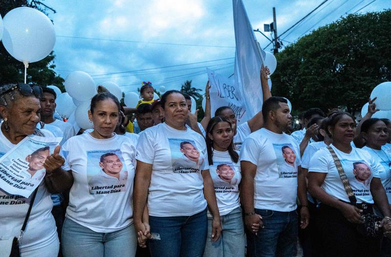 Cilenis Marulanda, third left, demonstrates for her kidnapped husband in Barrancas, La Guajira, Colombia on October 31, 2023.  AFP