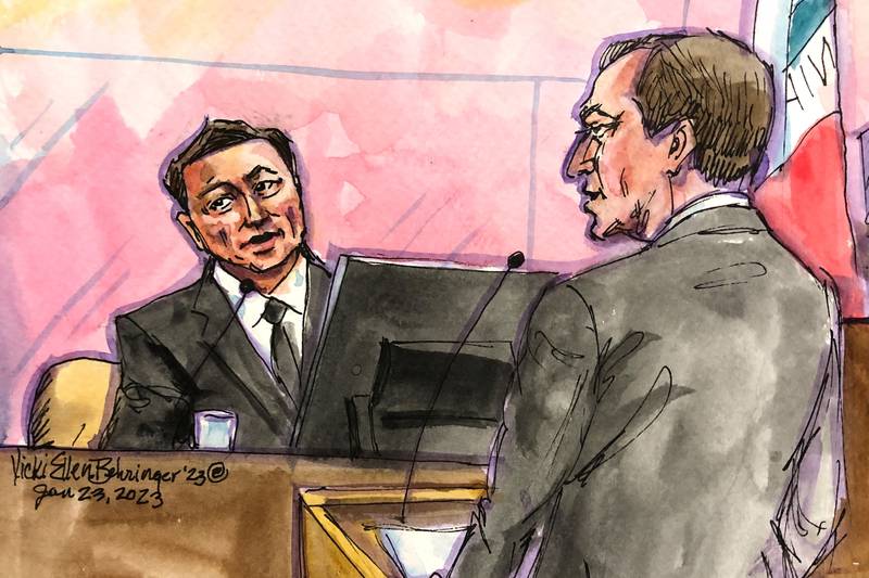Tesla chief executive Elon Musk is questioned during the trial at the Federal Court in San Francisco on Monday. Reuters