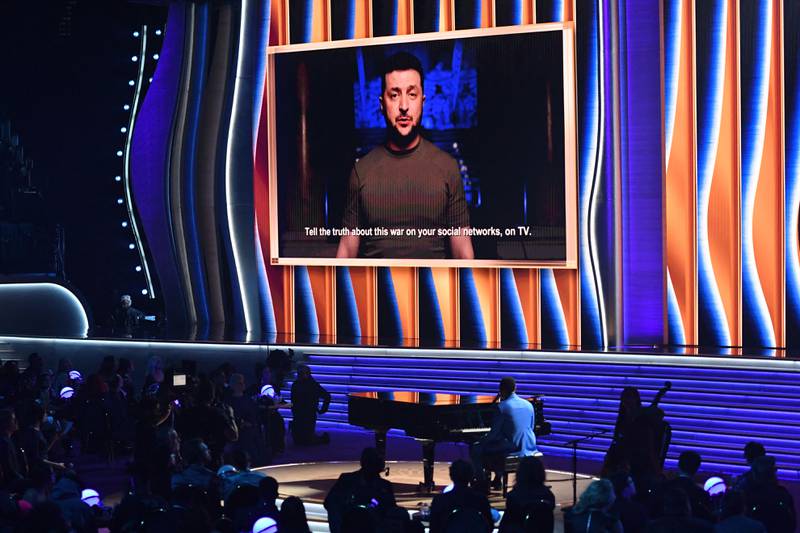 Ukraine's President Volodymyr Zelenskyy appears on screen during the 64th Grammy Awards at the MGM Grand Garden Arena in Las Vegas. AFP