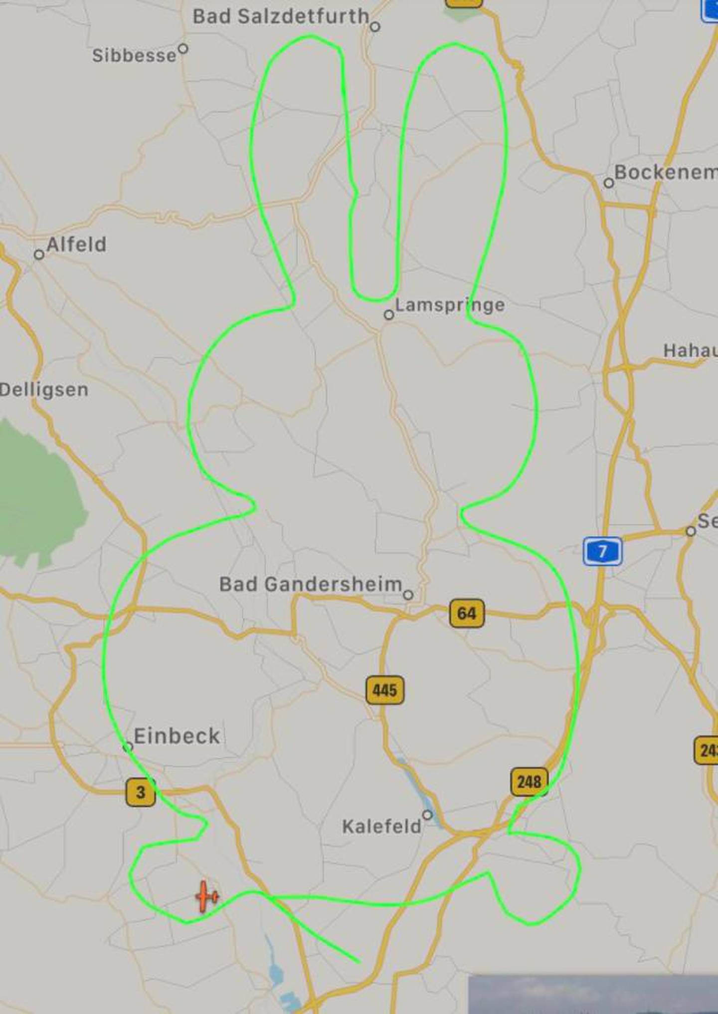 Another aircraft attempted another Easter Bunny over Germany on the same day. Courtesy FlightRadar24. 
