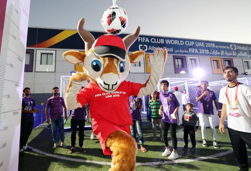 Al Ain, United Arab Emirates - December 12, 2018: Dhabi the Arabian Gazelle tries to head the ball before the game between Al Ain and Wellington in the Fifa Club World Cup. Wednesday the 12th of December 2018 at the Hazza Bin Zayed Stadium, Al Ain. Chris Whiteoak / The National