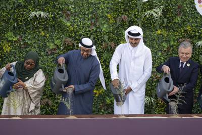 Sheikh Mohamed also took part in the watering of a Sidr tree with Sheikh Tamim, along with leaders, country representatives and invited guests.