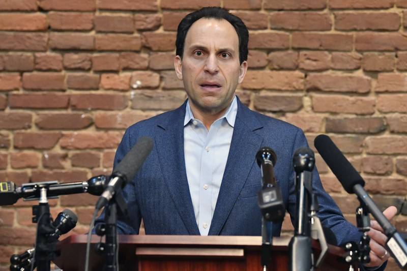Louisville mayoral candidate Craig Greenberg speaks during a news conference in Louisville, Kentucky, on February 14, 2022, after he was shot at during in his campaign office. AP