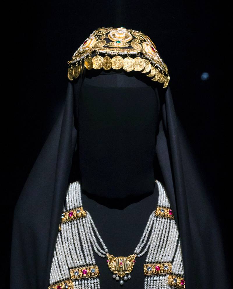 DUBAI, UNITED ARAB EMIRATES -A headpiece at the Hidden Treasures, a look at early 20th century Saudi Arabia jewelry,  show how diverse the different regions fashion was. Leslie Pableo for The National
