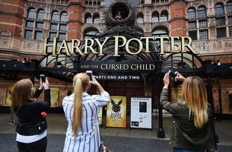 Harry Potter fans use mobile phones to photograph the Palace Theatre in London. Andy Rain / EPA