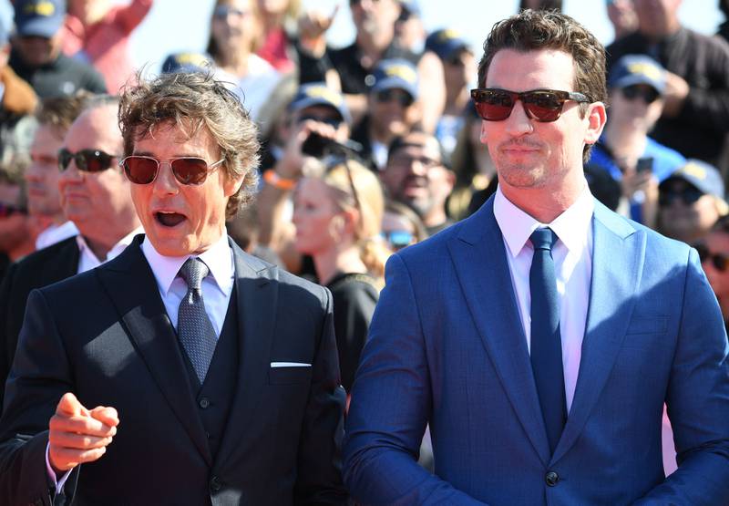 Tom Cruise, left, and Miles Teller at the world premiere of 'Top Gun: Maverick'. AFP