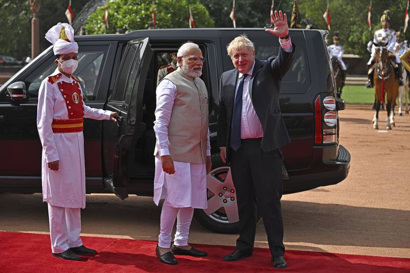 Boris Johnson and Narendra Modi discussed new collaborations on defence and green energy, with the UK leader seeking to reduce India's dependence on Russian fossil fuels and military equipment. Getty Images