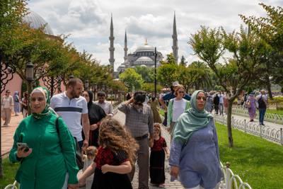 Tourists at the Hagia Sophia in Istanbul last June. The AKP reconverted the sixth-century, Byzantine-era church into a mosque in 2020. Bloomberg