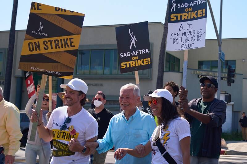 Star Trek actor George Takei picketing outside Paramount Studios in Los Angeles in support of the strikes. EPA 