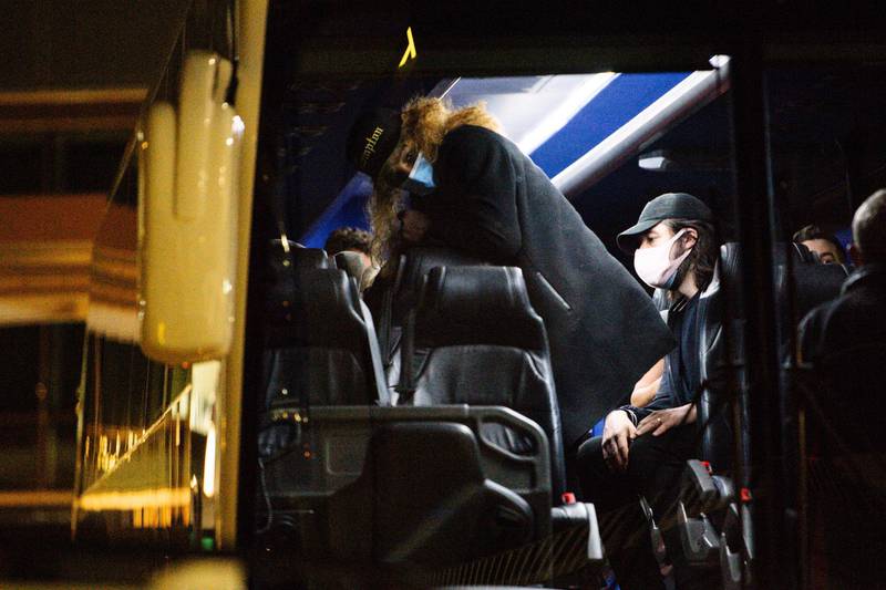 Serena Williams boards a bus after arriving at Adelaide Airport. EPA