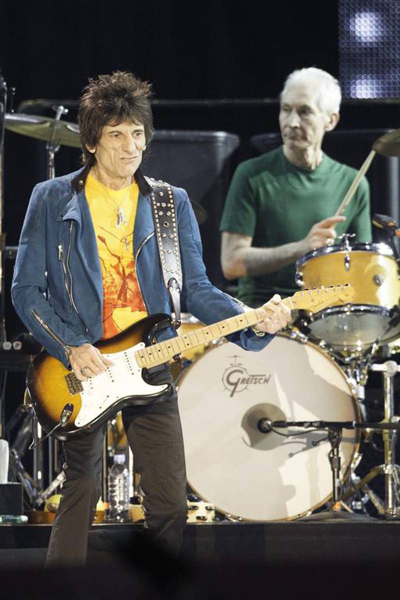 Ronnie Wood on guitar and Charlie Watts on drums. Neville Hopwood / Getty Images