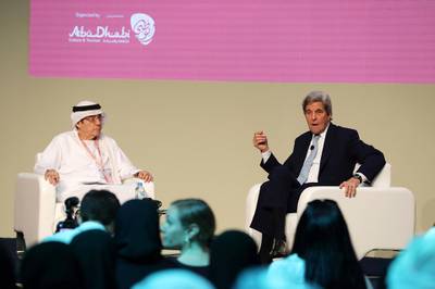 ABU DHABI,  UNITED ARAB EMIRATES , April 24 – 2019 :- Left to Right – Zaki Nusseibah and John Kerry, former US Secretary of State speaking at the Abu Dhabi International Book Fair held at Abu Dhabi National Exhibition Centre in Abu Dhabi. ( Pawan Singh / The National ) For News/Online/Instagram. Story by Rupert