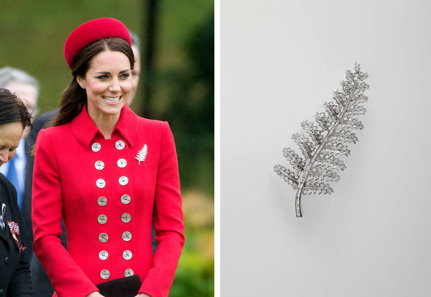 Catherine, Duchess of Cambridge, is seen wearing the New Zealand silver fern brooch. Photo: Royal Collection Trust / Getty Images