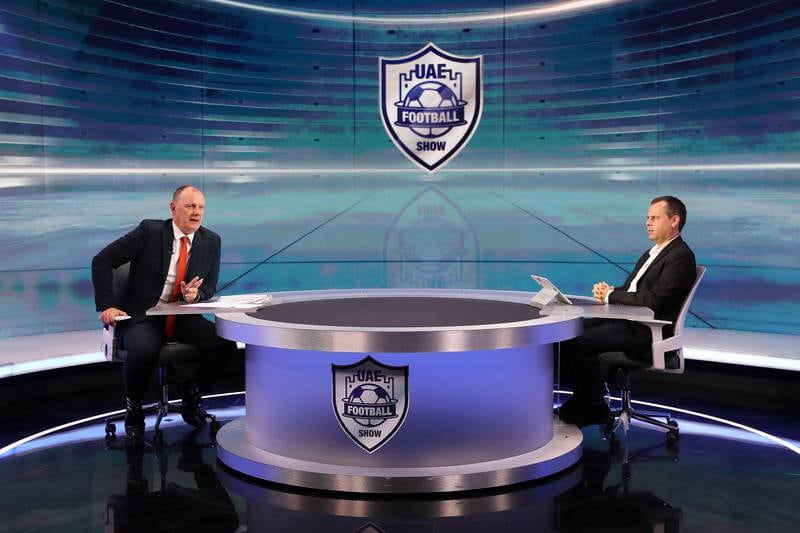 Graham Clews and Pedro Correia during the recording for The UAE Football Show. Pawan Singh / The National 