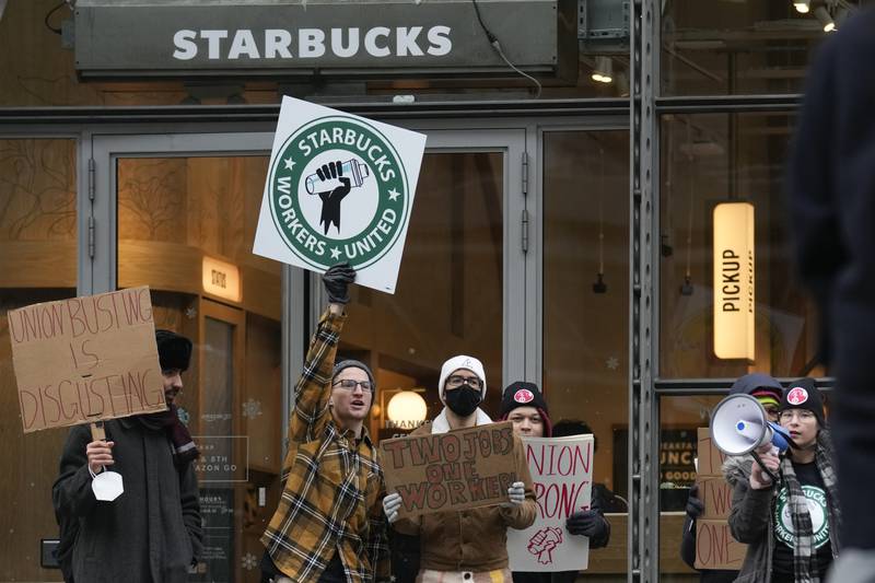 A Starbucks protest in New York on Thursday. AP