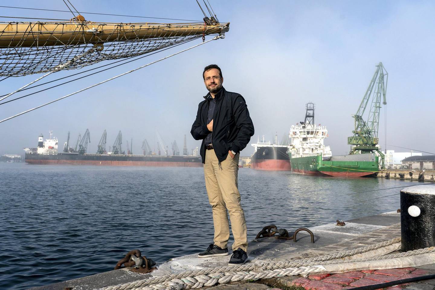 Petar Dimitrov, CEO and founder of Agricore brokerage posses for a picture in front of port of Varna in Varna city, Bulgaria on 10 October 2019.(Evgeniy Maloletka/Bloomberg)